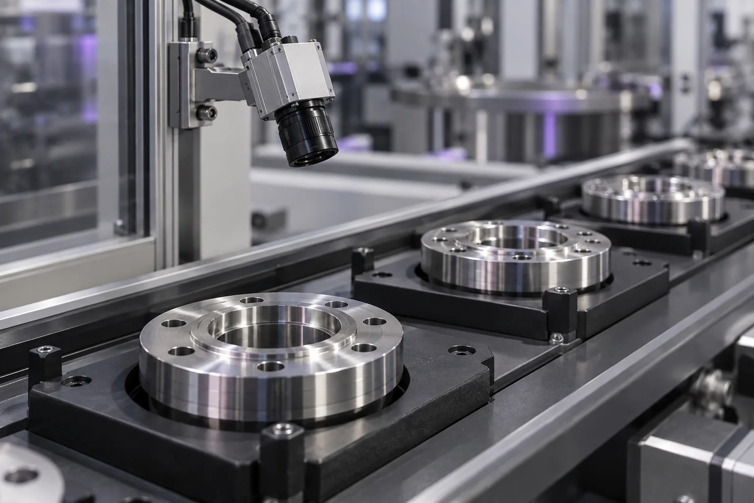 Illustrative camera inspection station with machined metal parts